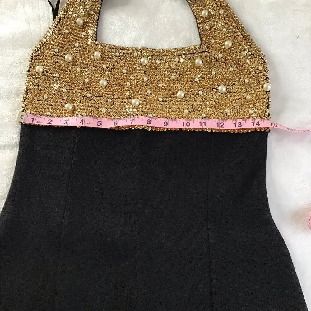 Outlander Studio Gold  Sequence Dress With White Pearls And Black  Bottom size M